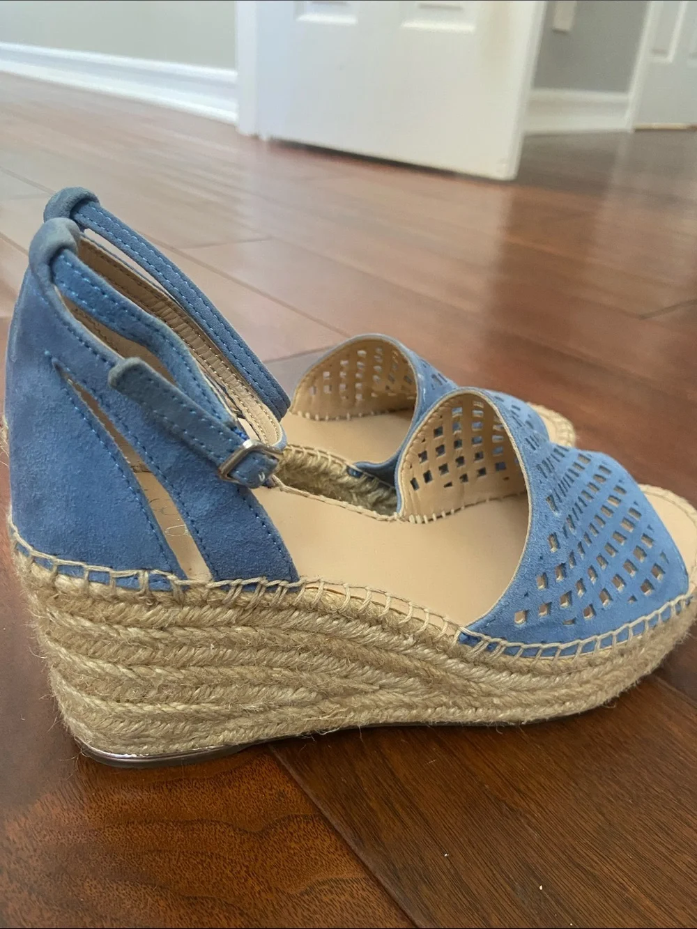 Franco Sarto Light Blue leather Espadrille Wedge Sandals with Ankle Strap.